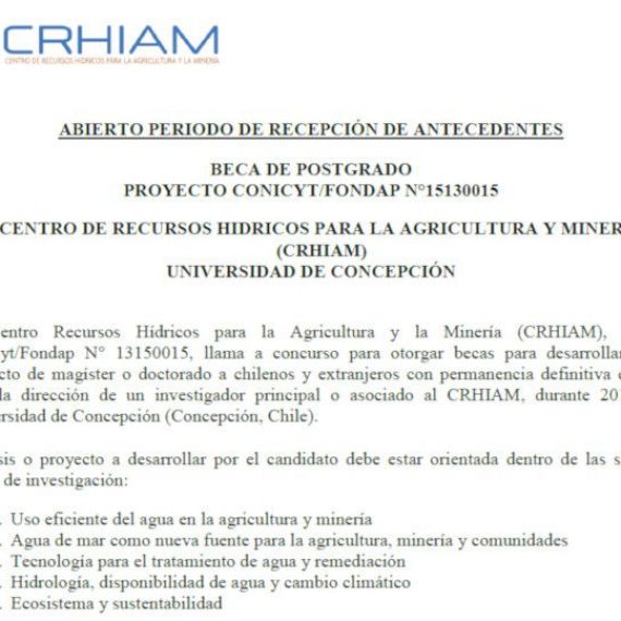 Recepción de antecedentes beca de postgrado proyecto CONICYT/FONDAP N°15130015