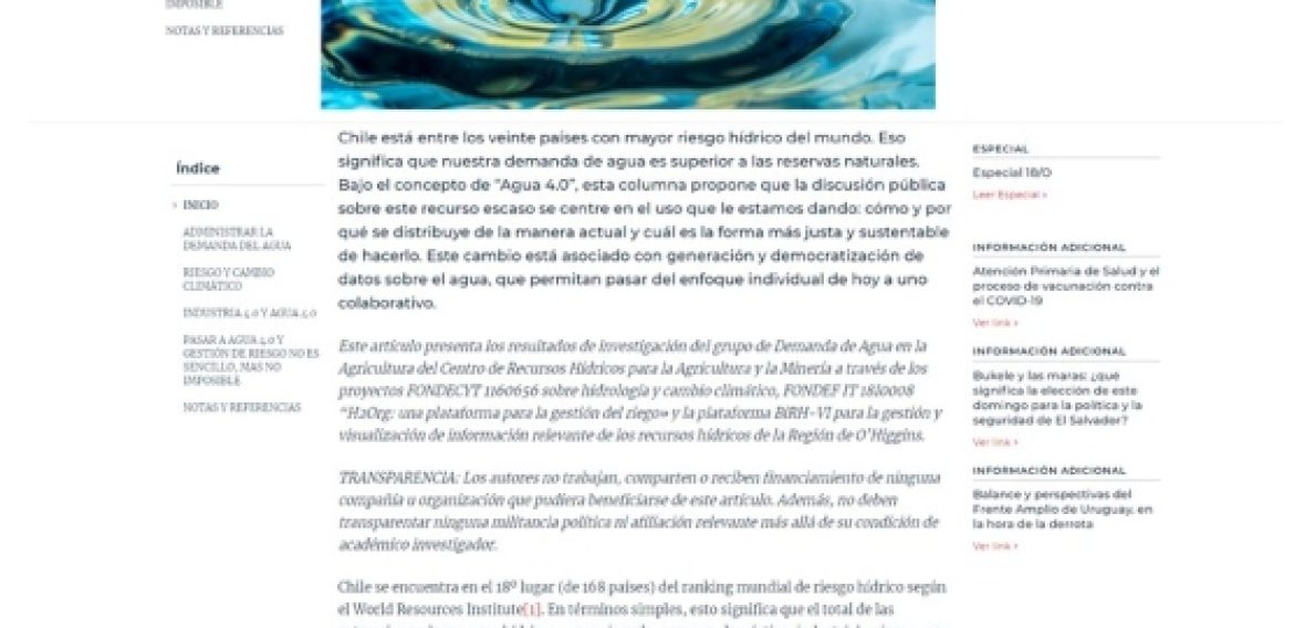 Agua 4.0: una forma de enfrentar el riesgo climático en Chile y avanzar hacia la seguridad hídrica