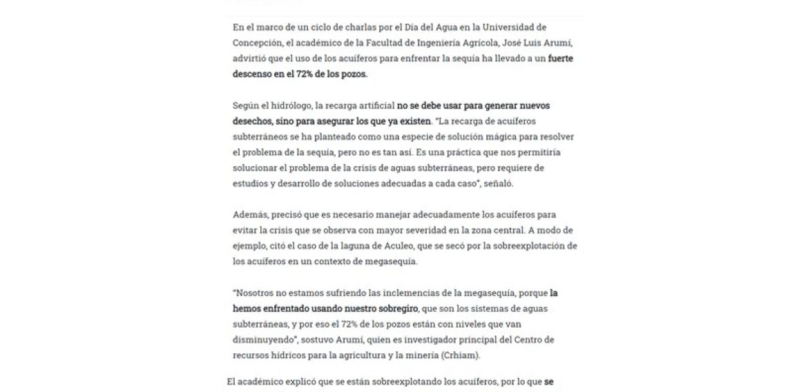 Académico UdeC plantea recarga artificial de aguas subterráneas para no sobreexplotar acuíferos