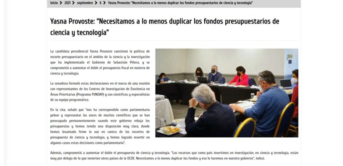 Yasna Provoste: “Necesitamos a lo menos duplicar los fondos presupuestarios de ciencia y tecnología”