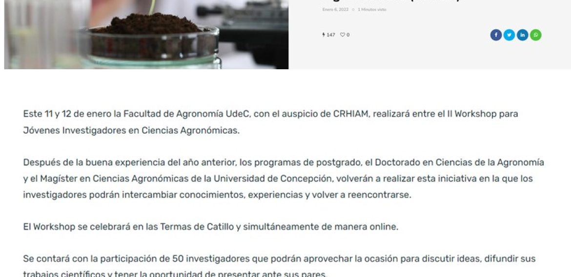 En Termas de Catillo se realizará II Workshop de Jóvenes Investigadores en Ciencias Agronómicas (WJICA)