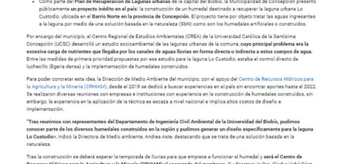 CRHIAM monitoreará el primer humedal artificial urbano de Concepción