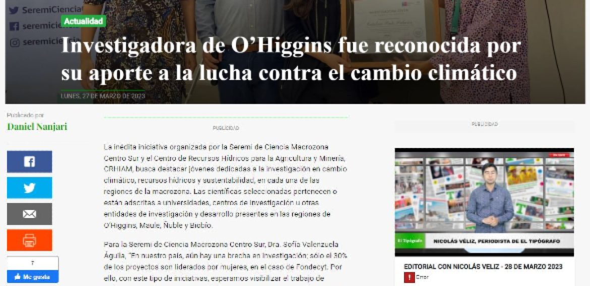 Investigadora de O’Higgins fue reconocida por su aporte a la lucha contra el cambio climático