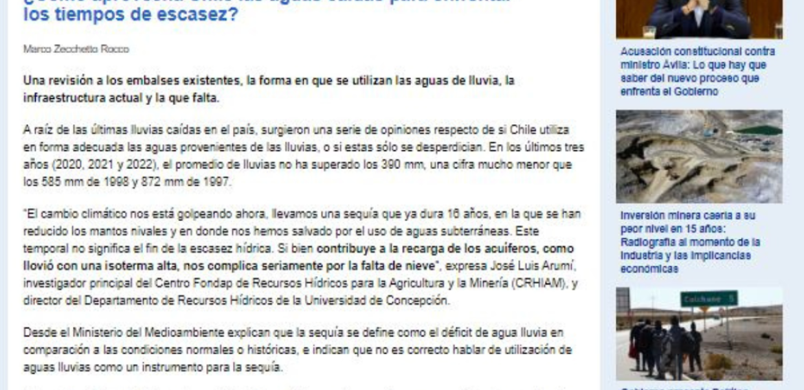 ¿Cómo aprovecha Chile las aguas caídas para enfrentar los tiempos de escasez?