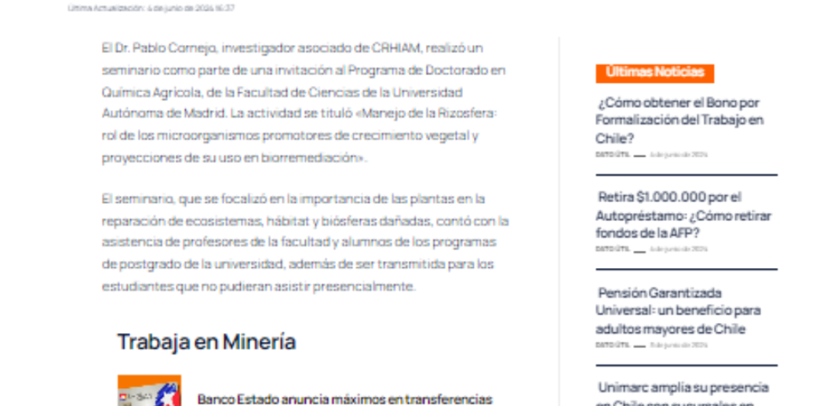 Investigador asociado de CRHIAM realizó Seminario en España sobre el Rol de los microorganismos en la Biorremediación ambiental