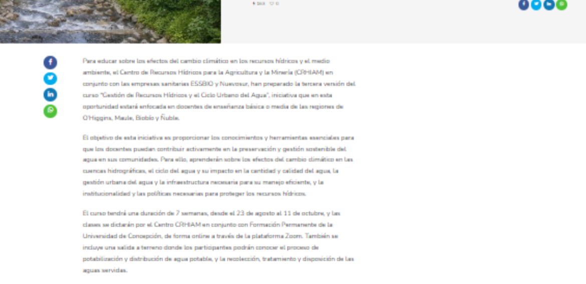 CRHIAM y las sanitarias ESSBIO y Nuevosur realizarán curso sobre gestión de recursos hídricos para docentes